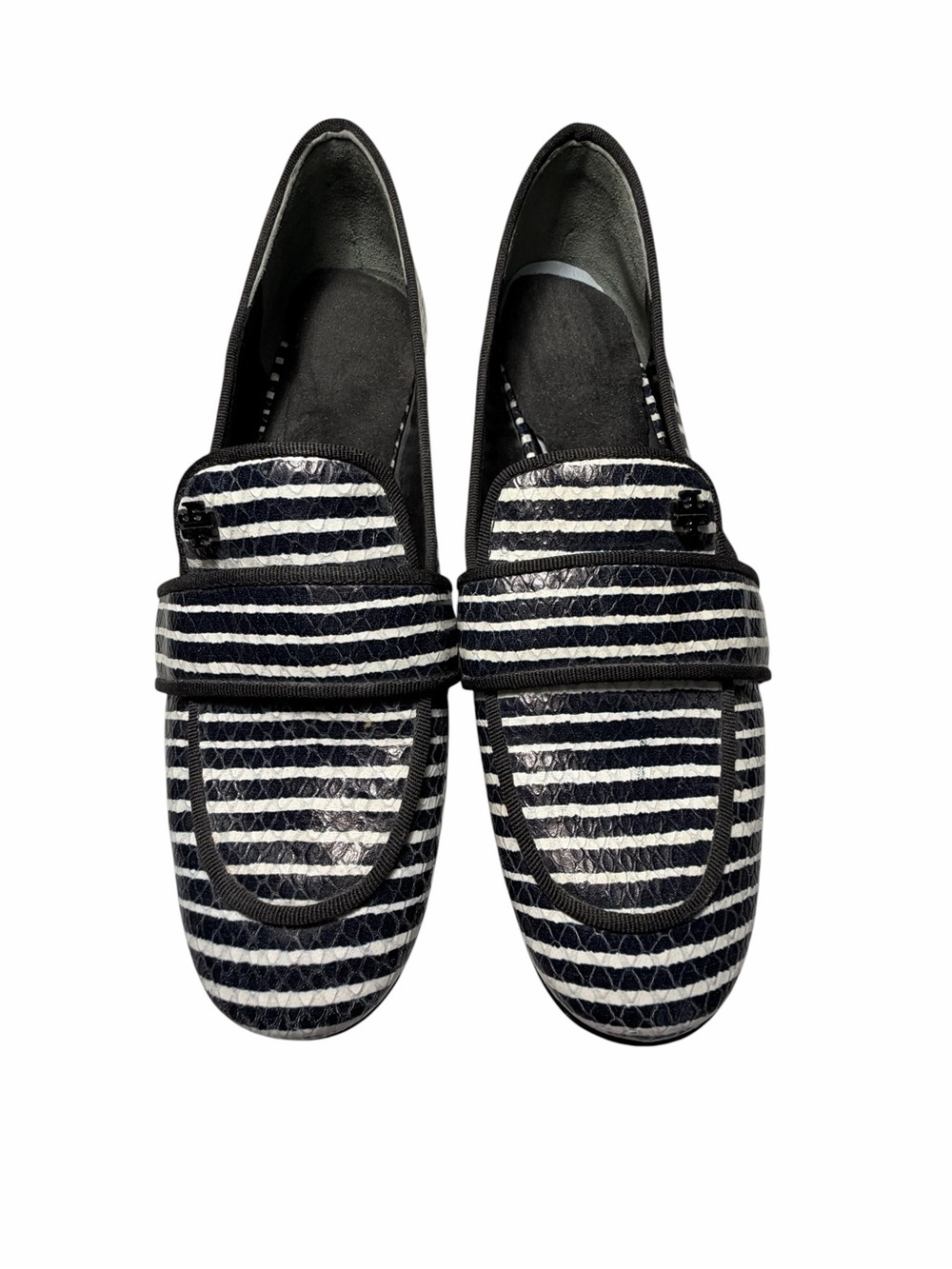 Tory Burch Evette Penny Loafers Striped Black & White Leather Loafers Sz 5.5
